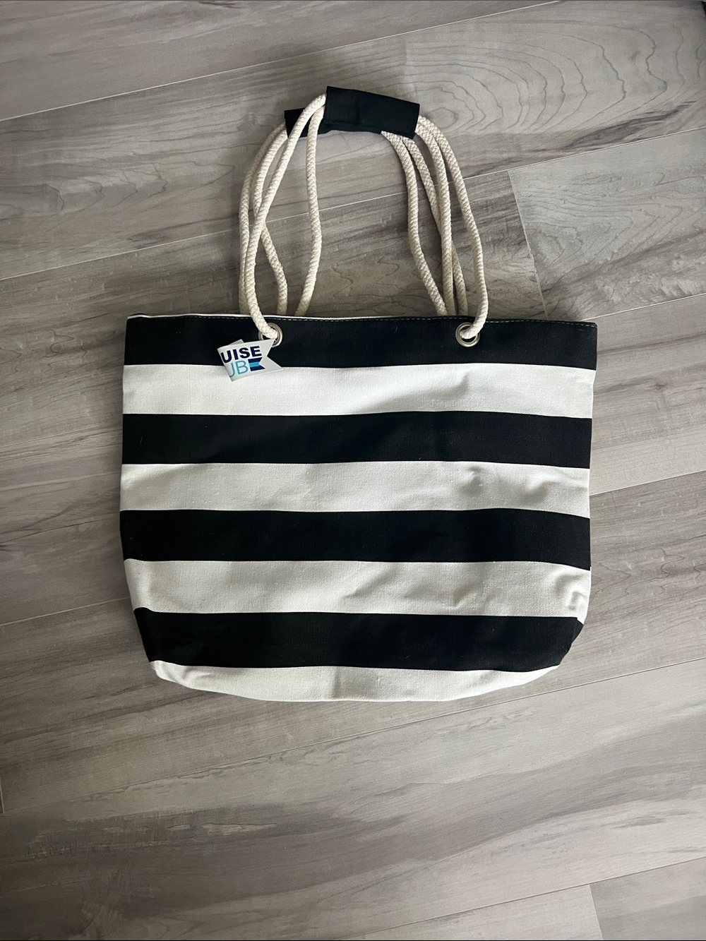 Striped Black & White Canvas Tote Bag with Rope Handles